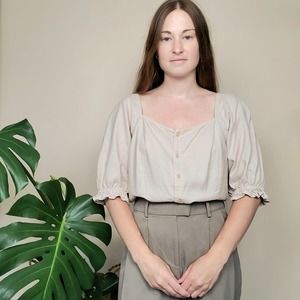 Loft Oatmeal Square Neck Puff Sleeve Linen Blend Buttondown Shirt Ws L